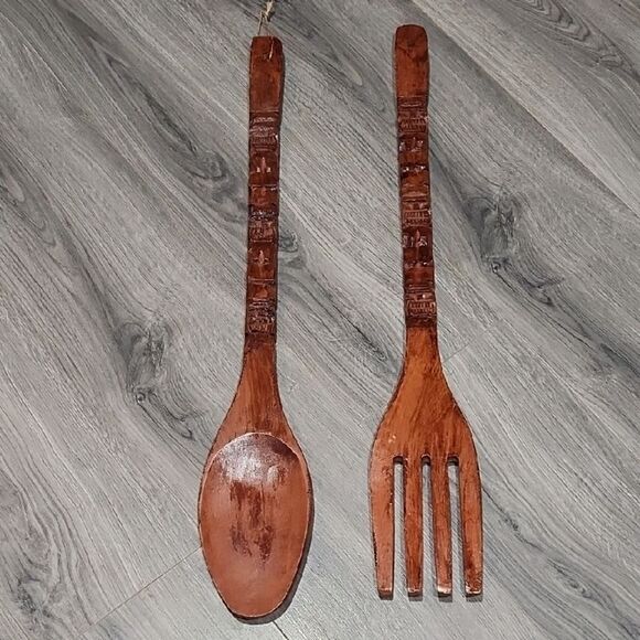 EUC LG Tiki Carved Spoon & Fork Wall Decor - Picture 1 of 5